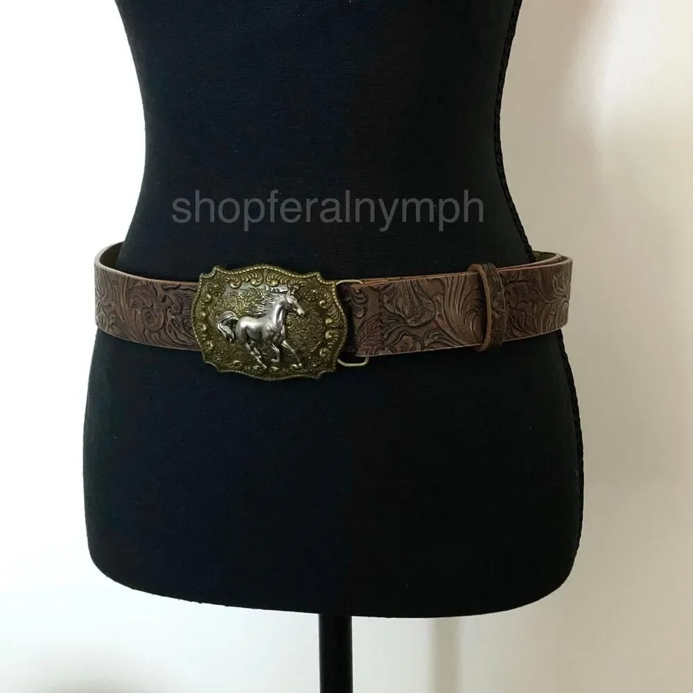 Vintage Ornate Western Brown Faux Leather Belt, Fits 28.5–39 Inches, X7GA1213